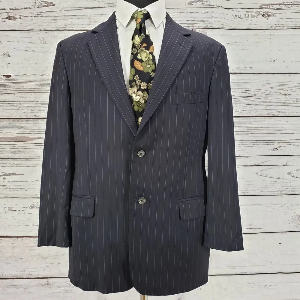 Christian Brooks Men's Blue Navy Pinstriped Wool 2Piece Suit Pants Set Size 42R